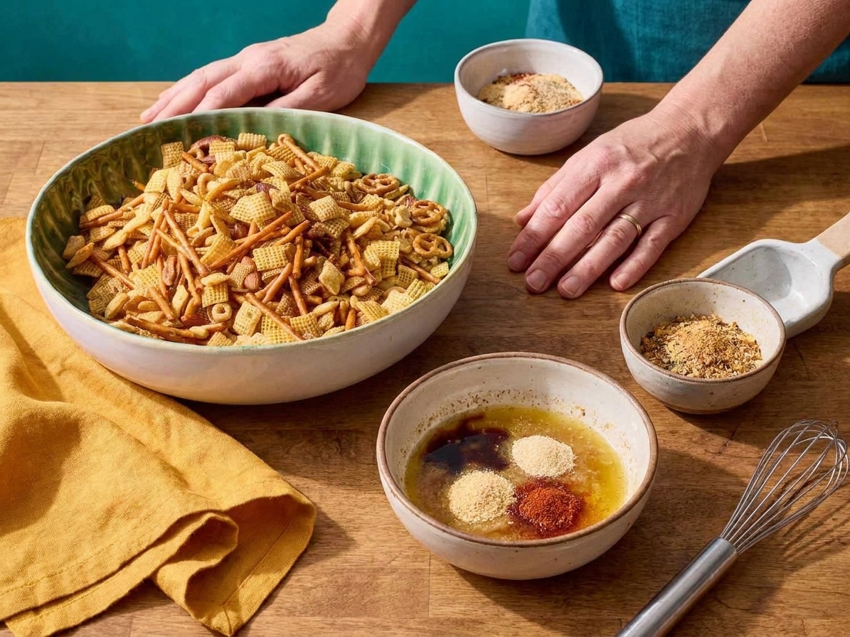 Ingredients for Chex Mix including cereal, pretzels, nuts, bagel chips, butter, and seasonings