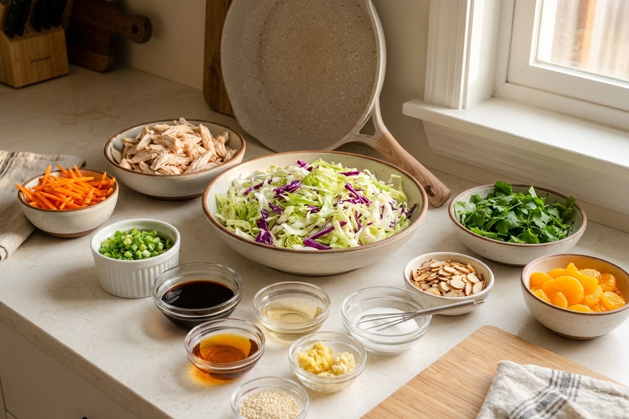 Ingredients for Chinese chicken salad arranged on a tidy kitchen counter including shredded cabbage, cooked chicken, carrots, green onions, cilantro, almonds, mandarin oranges, and small bowls of dressing ingredients