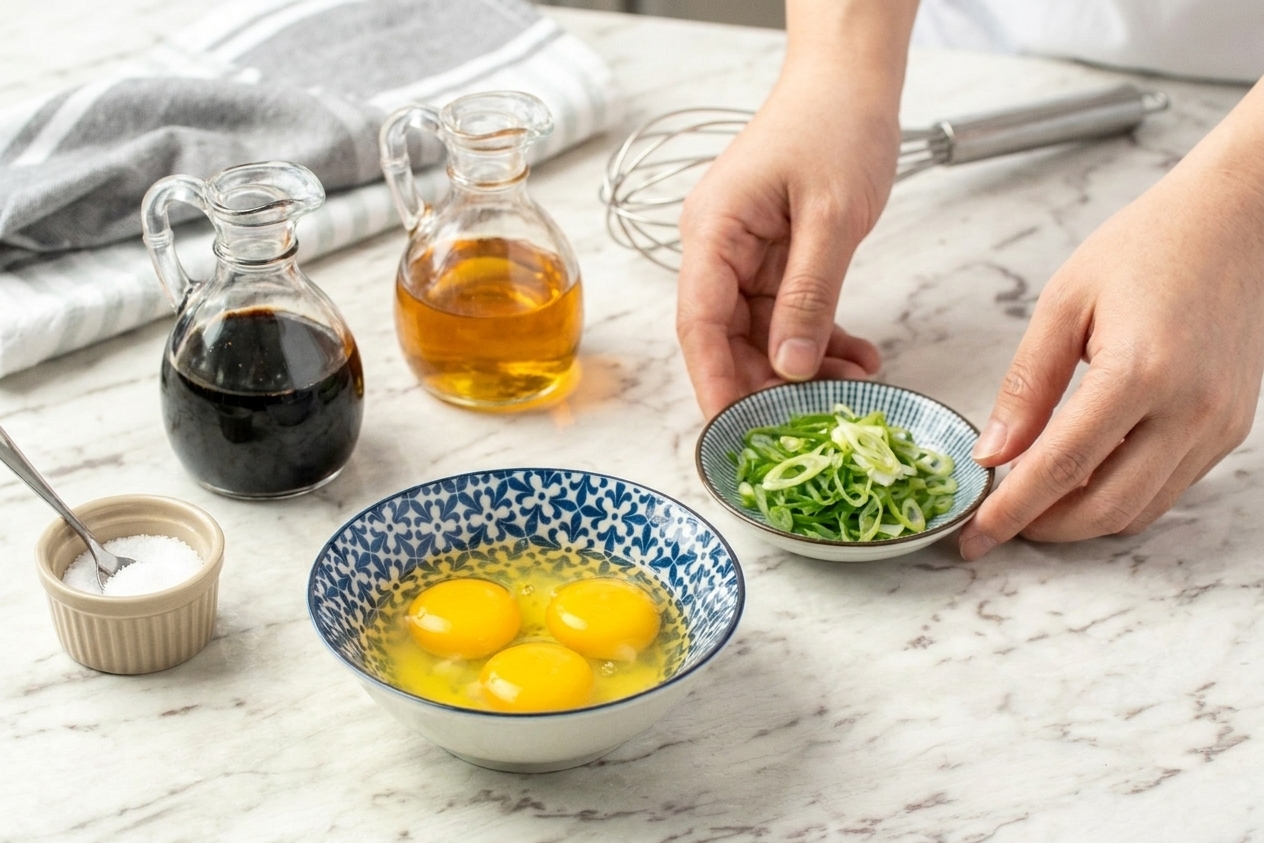 Ingredients for Chinese steamed egg including cracked eggs, sliced scallions, soy sauce, sesame oil, and salt arranged on a bright kitchen counter