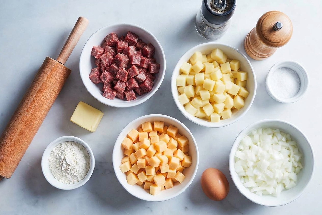 Ingredients for Cornish pasties arranged on a kitchen counter, including flour, butter, beef, potatoes, rutabaga, onions, salt, pepper, and an egg
