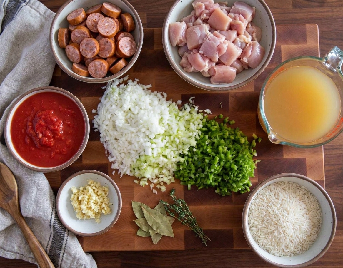 Ingredients for Creole jambalaya on a kitchen counter, including andouille sausage, chicken thighs, onion, celery, green bell pepper, garlic, crushed tomatoes, chicken broth, and long grain rice in bowls