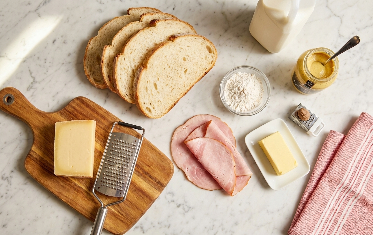 Ingredients for Croque Monsieur laid out on a kitchen counter, including sliced bread, ham, Gruyere, butter, flour, milk, Dijon mustard, and nutmeg