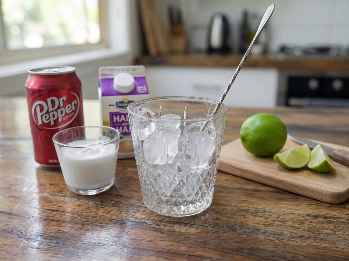 Ingredients for Dirty Dr Pepper on a kitchen counter: a can of Dr Pepper, a small cup of coconut cream, half-and-half, fresh lime, and a glass full of ice