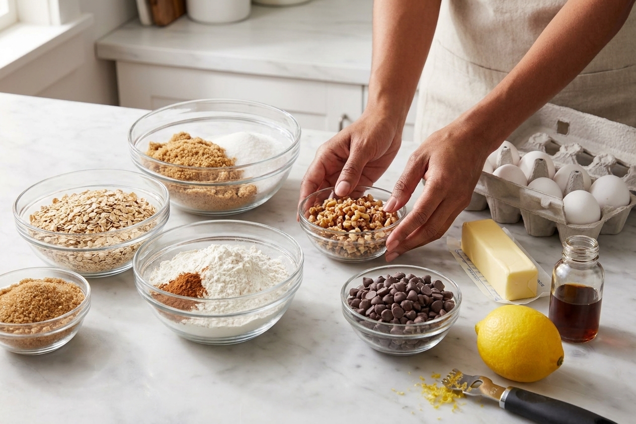 Ingredients for DoubleTree-style cookies arranged on a kitchen counter, including butter, sugars, eggs, flour, oats, walnuts, chocolate chips, lemon, and cinnamon