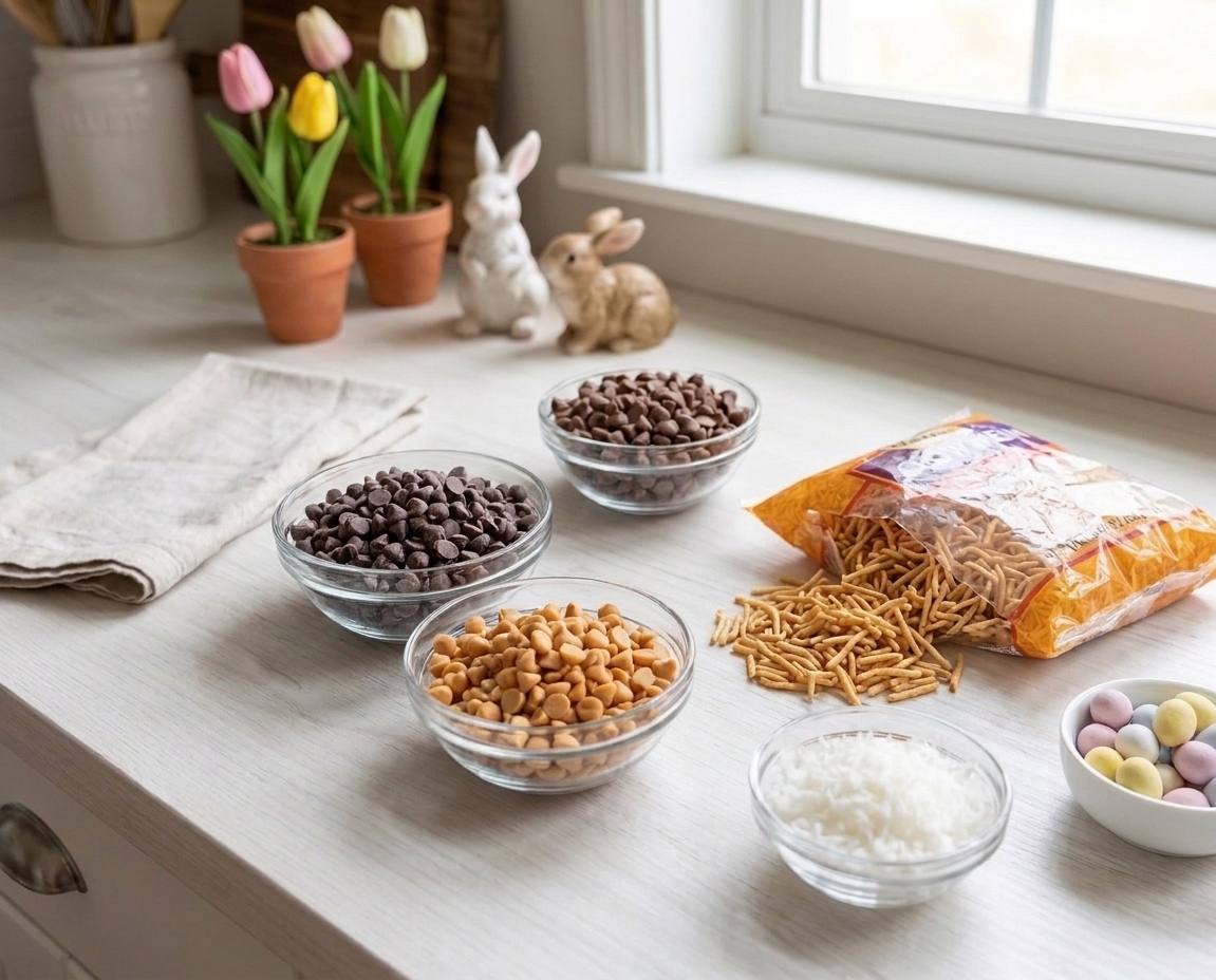 Ingredients for Easter nest cookies laid out on a kitchen counter including chocolate chips, butterscotch chips, chow mein noodles, shredded coconut, and candy eggs