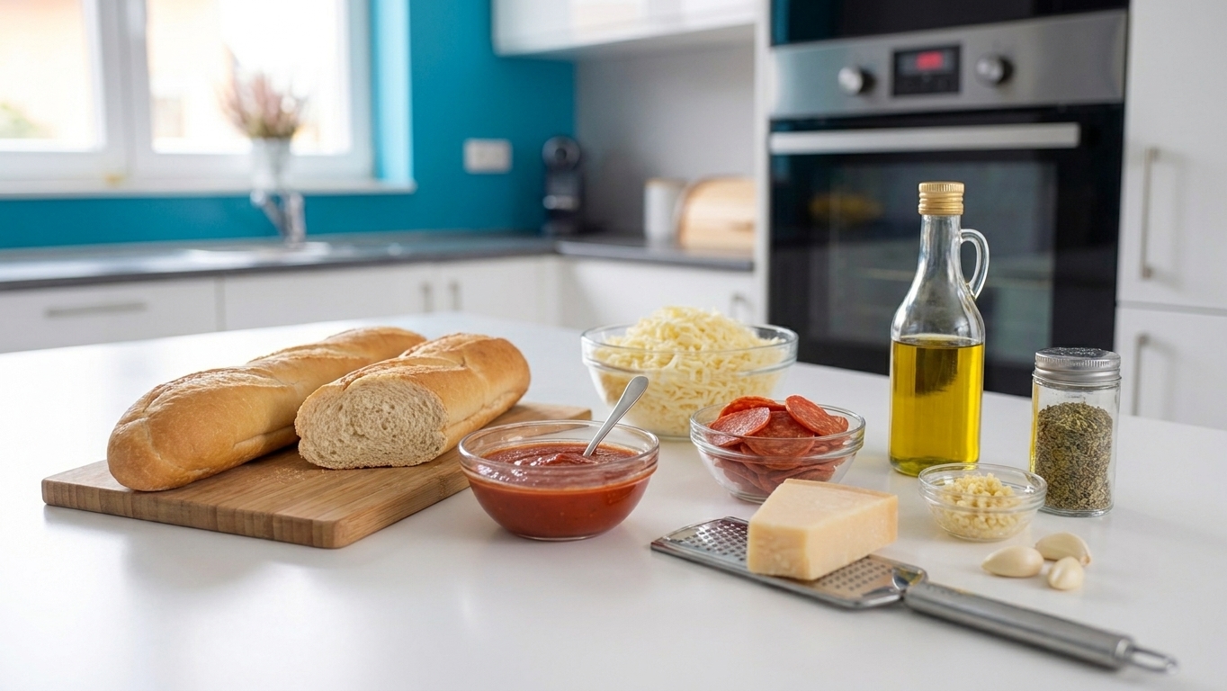 Ingredients for French bread pizza arranged on a kitchen counter including French bread, pizza sauce, shredded mozzarella, pepperoni, Parmesan, olive oil, garlic, and dried oregano