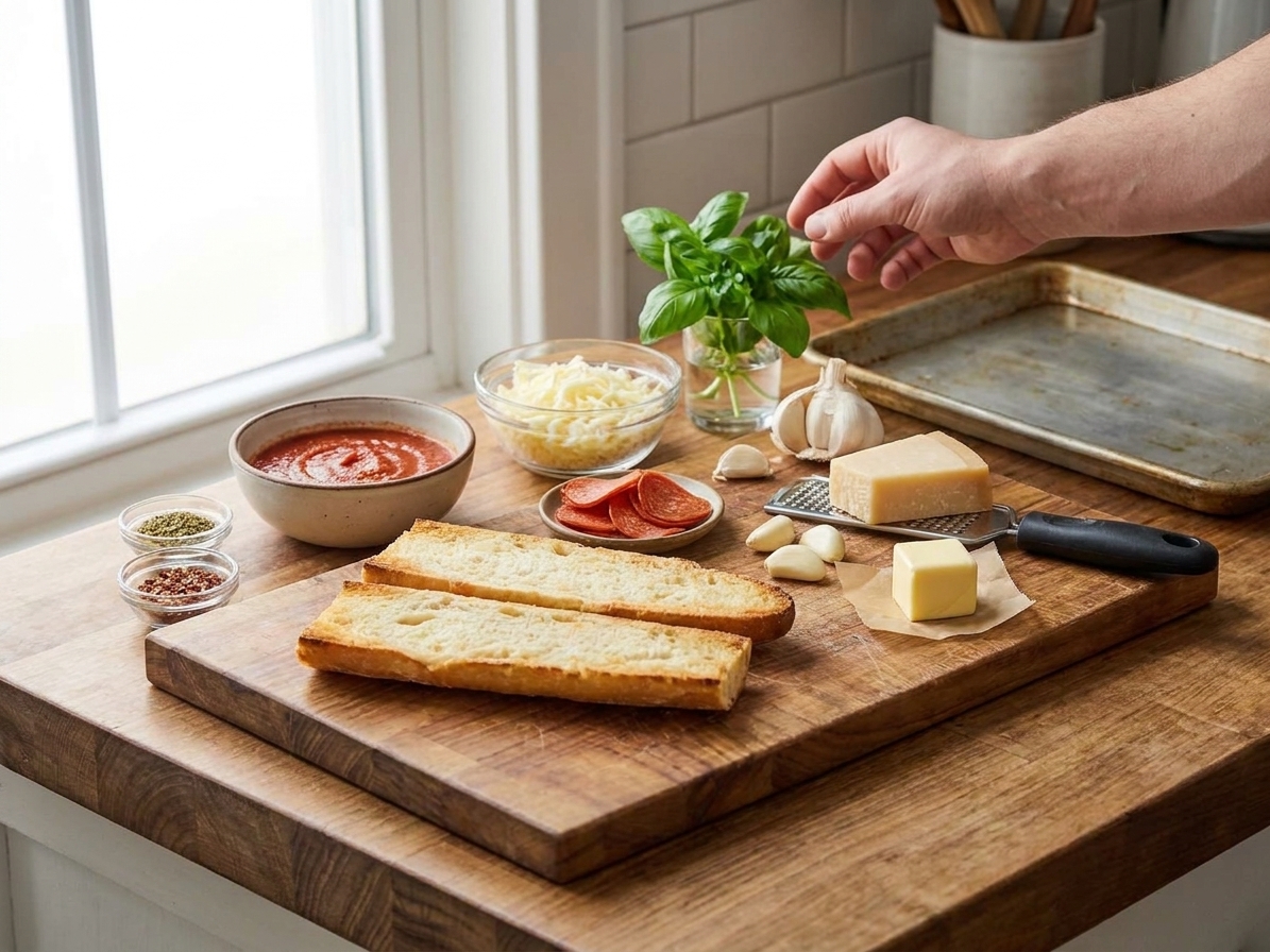 Ingredients for French bread pizza arranged on a kitchen counter: split French bread, pizza sauce, shredded mozzarella, pepperoni, Parmesan, garlic, butter, oregano, red pepper flakes, and fresh basil