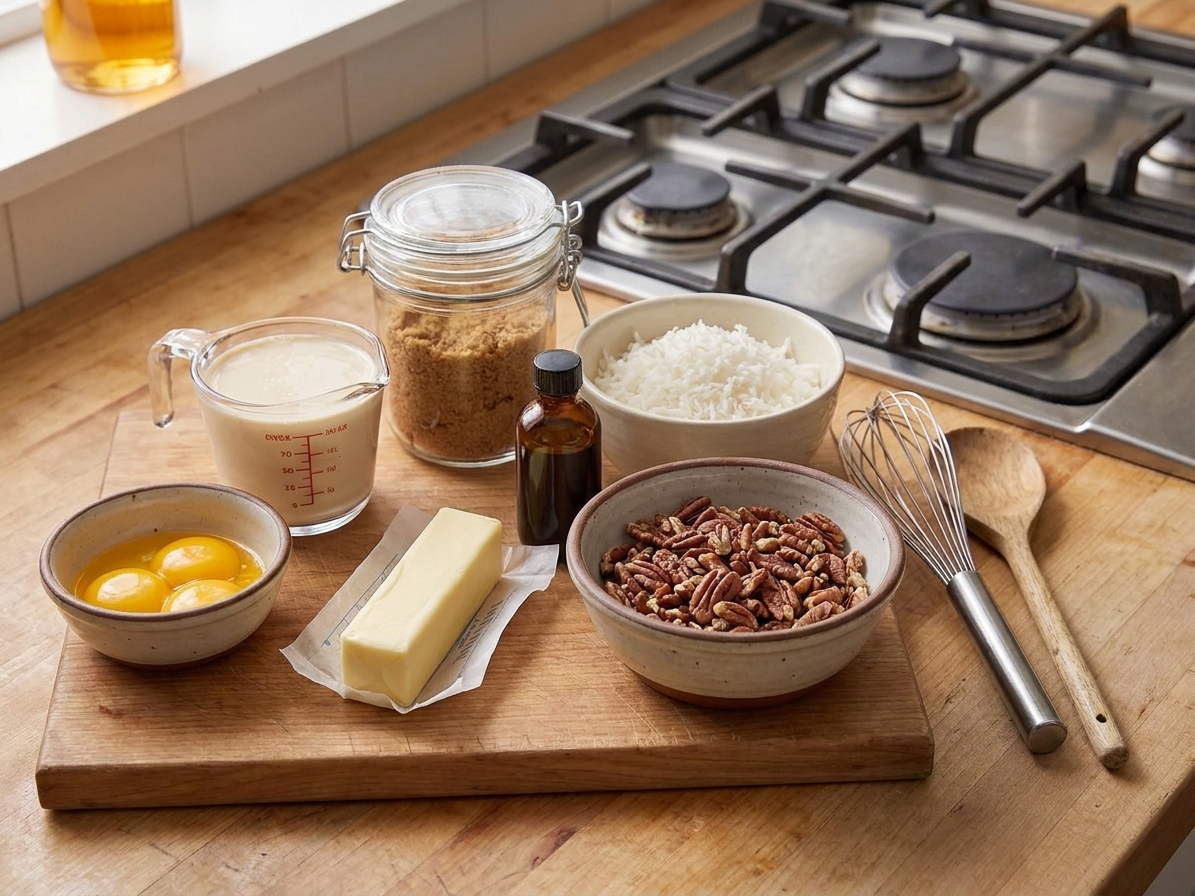 Ingredients for German chocolate icing arranged on a kitchen counter, including evaporated milk, egg yolks, brown sugar, butter, vanilla, shredded coconut, and chopped pecans