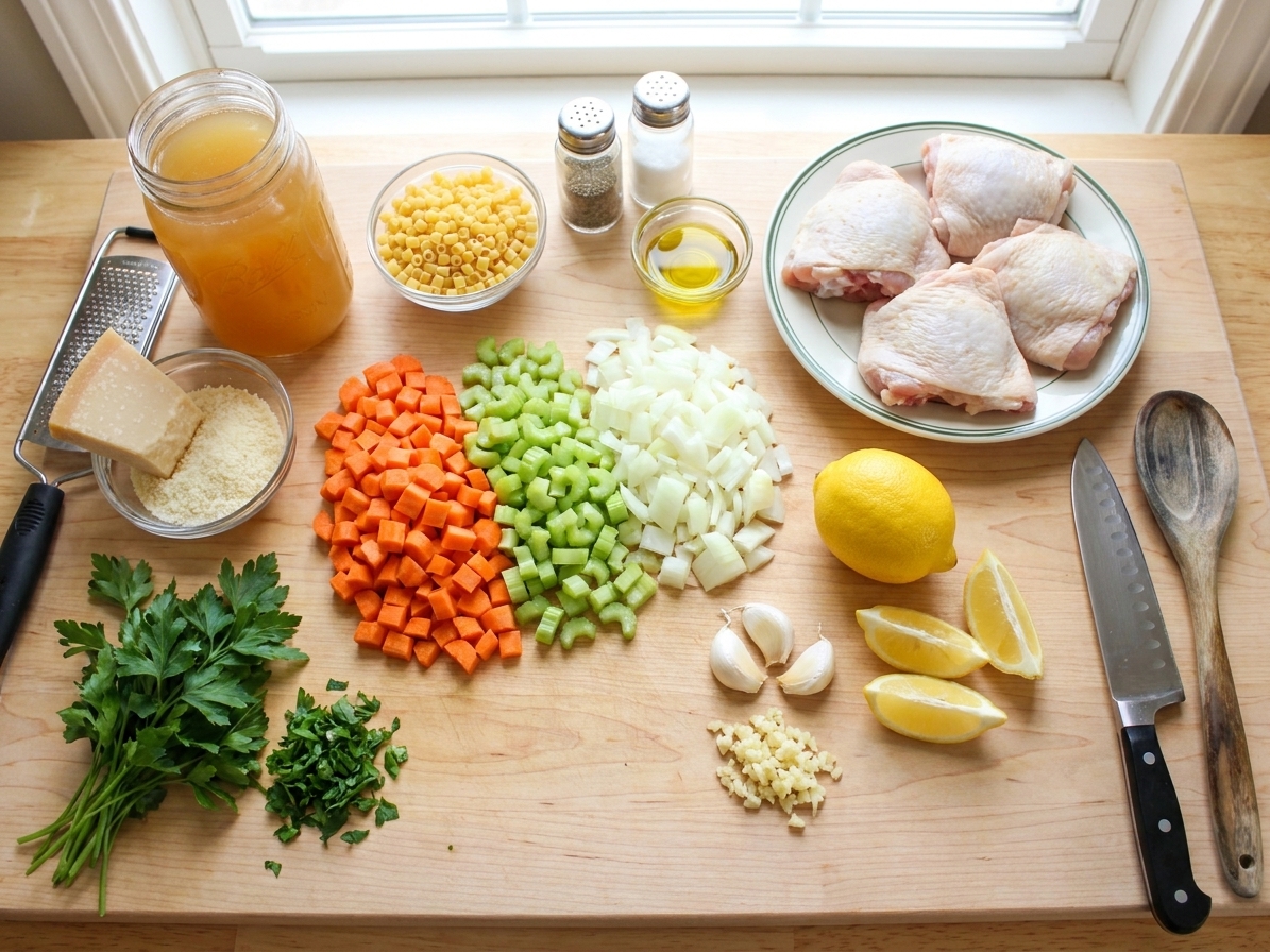Ingredients for Italian chicken soup on a bright kitchen counter including carrots, celery, onion, garlic, lemon, chicken thighs, chicken broth, small pasta, Parmesan, and fresh parsley