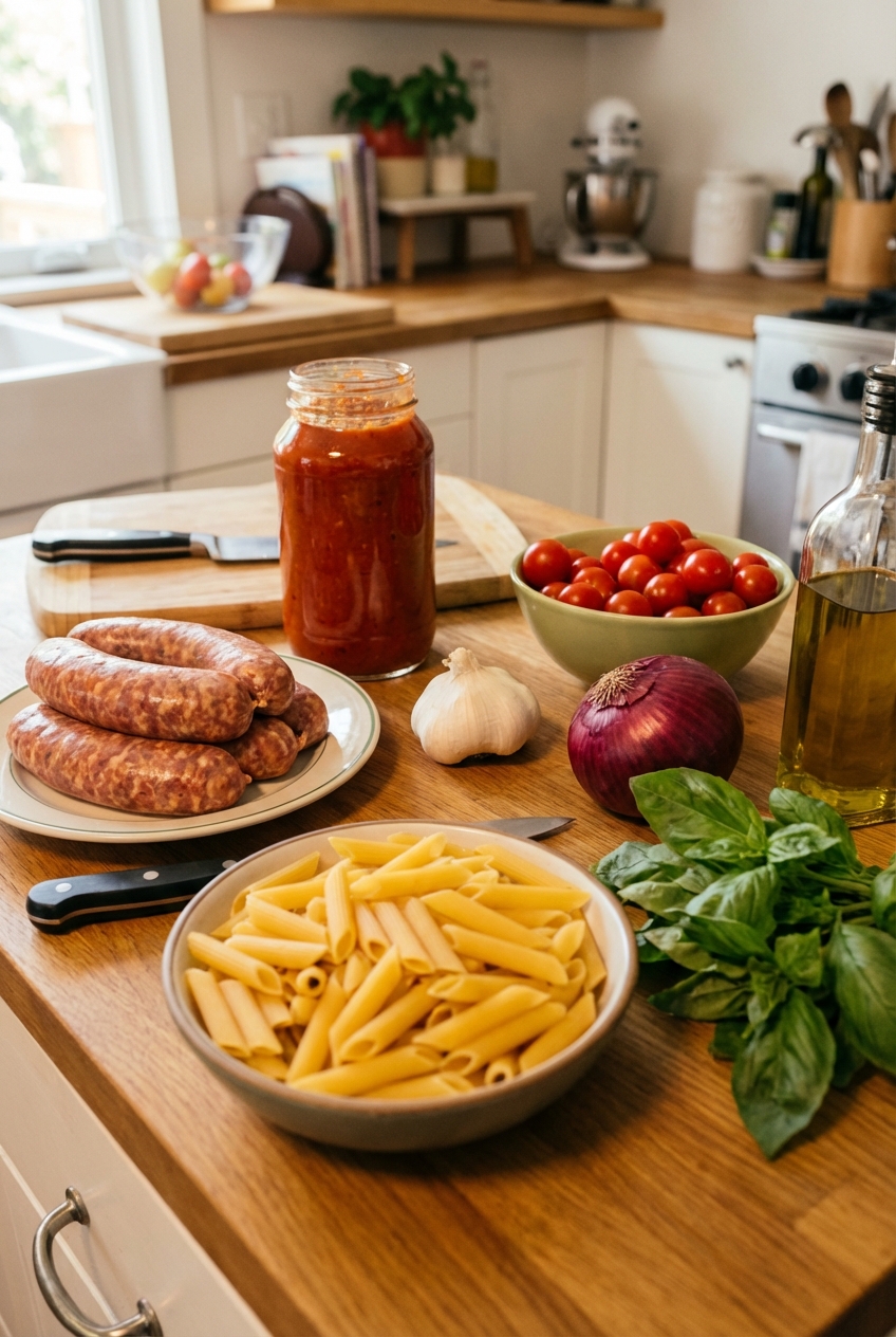 Ingredients for Italian sausage pasta laid out on a kitchen counter