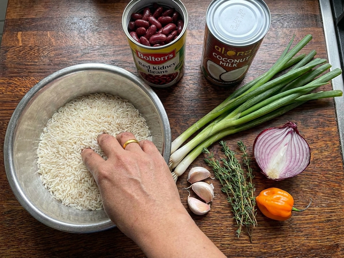 Ingredients for Jamaican rice and peas arranged together: long-grain rice, canned kidney beans, coconut milk, scallions, garlic, thyme, onion, and a Scotch bonnet pepper.