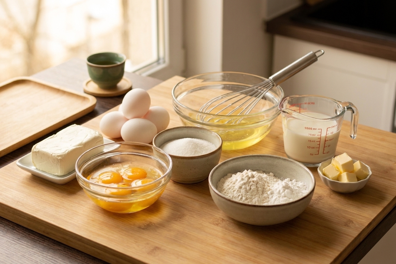 Ingredients for Japanese cheesecake arranged on a clean kitchen counter, including cream cheese, eggs, milk, butter, sugar, flour, and cornstarch