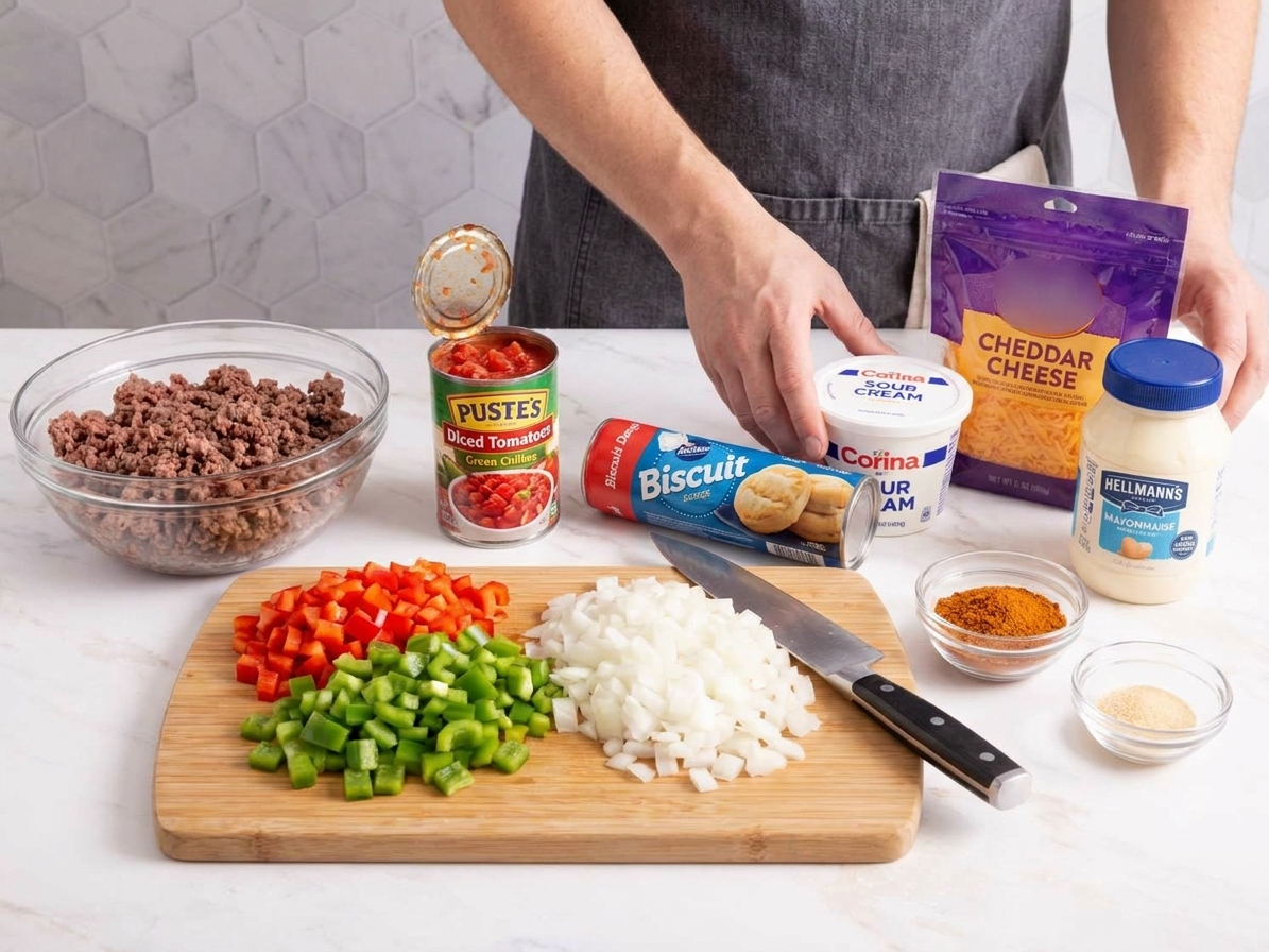 Ingredients for John Wayne casserole arranged on a bright kitchen counter, including ground beef, bell peppers, onion, canned tomatoes with chilies, biscuit dough tube, sour cream, mayonnaise, shredded cheese, and spices