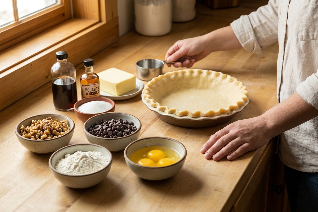 Ingredients for Kentucky Derby-style pie arranged on a light kitchen counter, including chopped walnuts, chocolate chips, eggs, sugar, butter, flour, vanilla, bourbon, and an unbaked pie crust in a pie plate