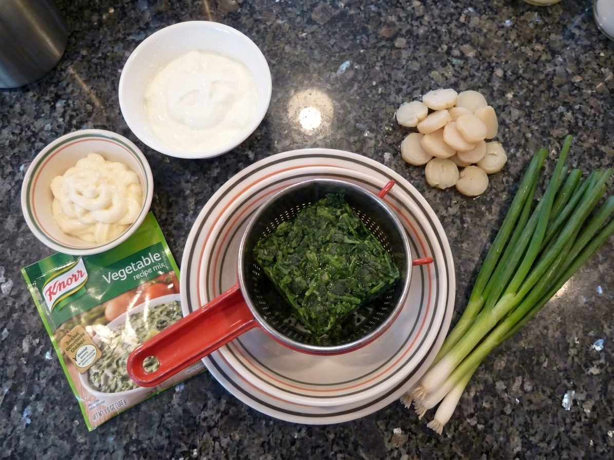 Ingredients for Knorr vegetable dip arranged on a kitchen counter including Knorr vegetable recipe mix packet, sour cream, mayonnaise, frozen spinach, sliced water chestnuts, and green onions