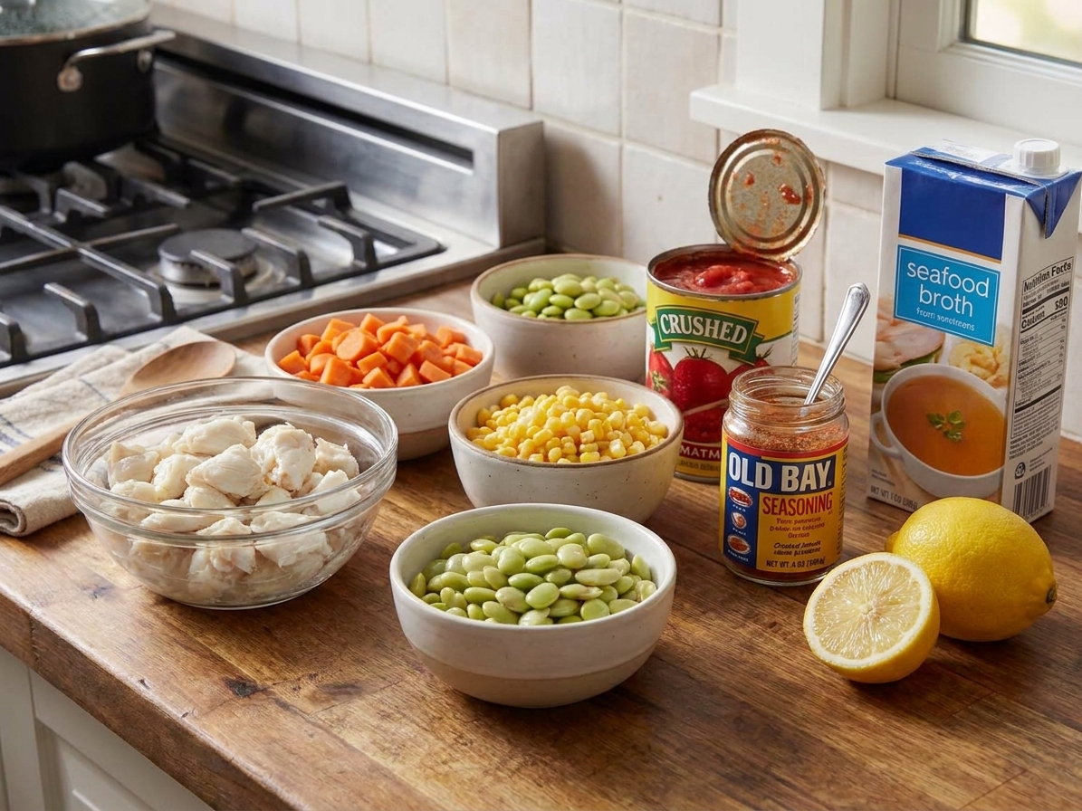 Ingredients for Maryland crab soup on a kitchen counter, including lump crab meat, diced vegetables, canned tomatoes, Old Bay seasoning, broth, and lemon