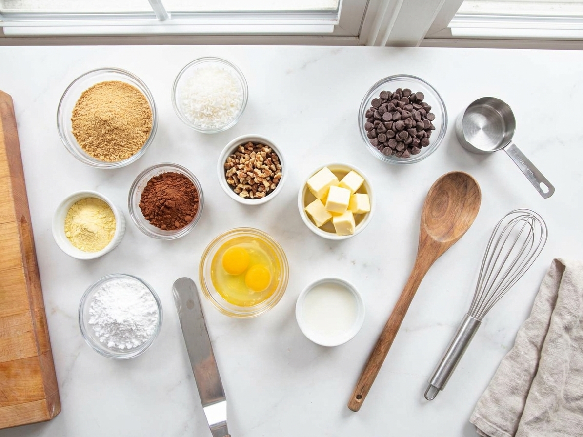 Ingredients for Nanaimo slice laid out on a clean kitchen counter, including graham crumbs, shredded coconut, cocoa powder, chopped nuts, butter, eggs, powdered sugar, custard powder, milk, and chocolate