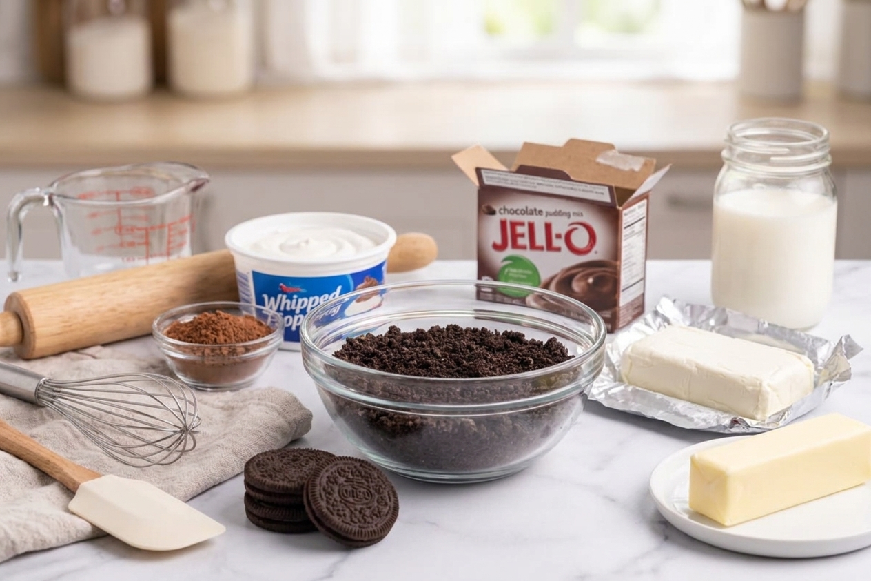 Ingredients for Oreo dirt cake on a kitchen counter, including Oreo cookies, instant chocolate pudding mix, milk, cream cheese, butter, and whipped topping