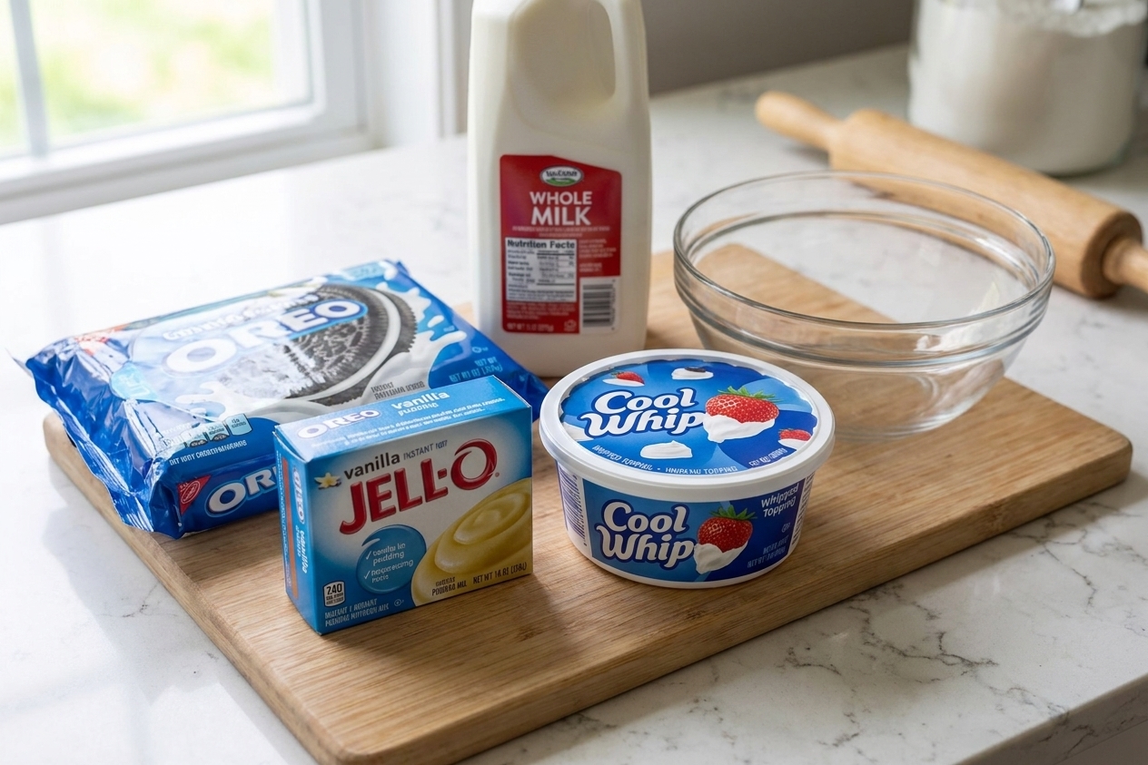 Ingredients for Oreo fluff arranged on a bright kitchen counter including Oreos, instant vanilla pudding mix, milk, whipped topping, and a bowl