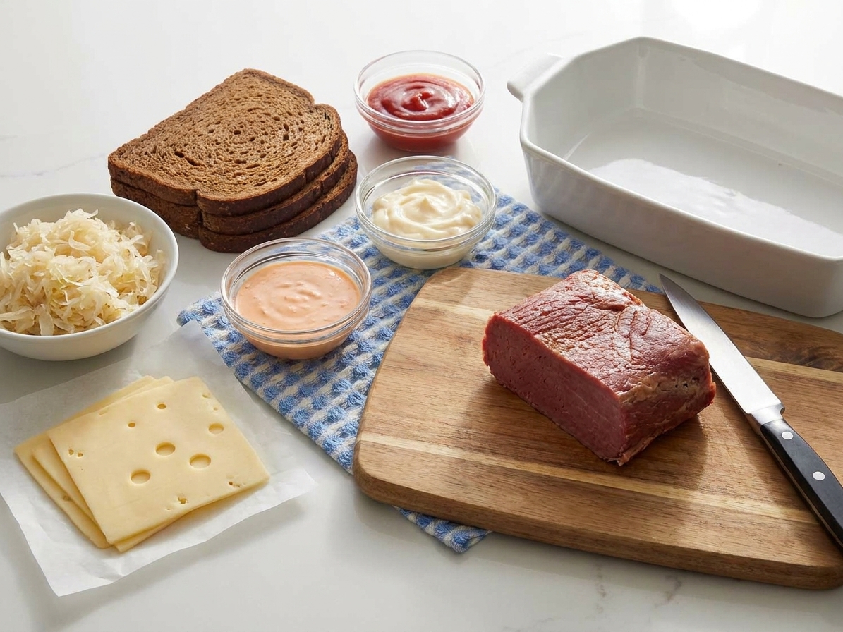 Ingredients for Reuben casserole including corned beef, sauerkraut, Swiss cheese, rye bread, and dressing components arranged together