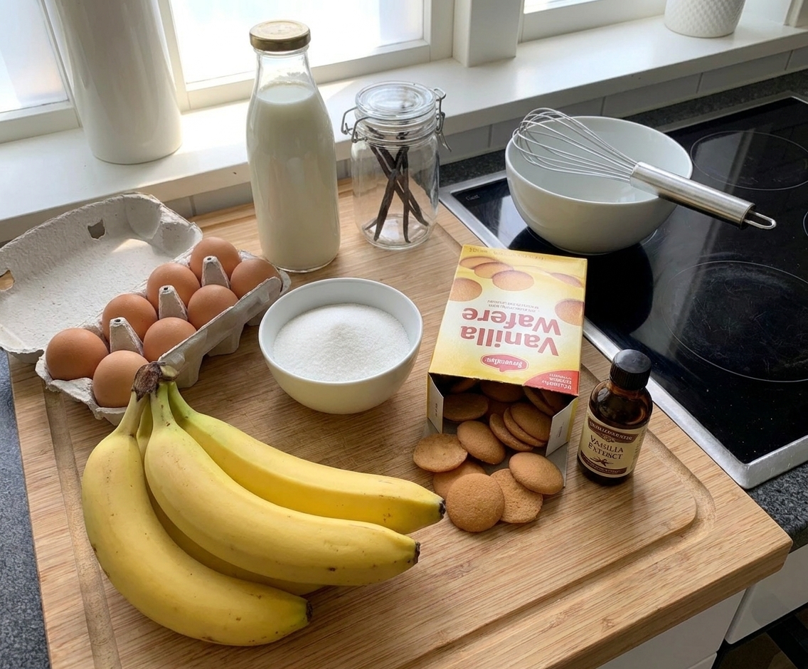 Ingredients for Southern banana pudding including bananas, eggs, milk, sugar, vanilla wafers, and vanilla extract arranged on a kitchen counter