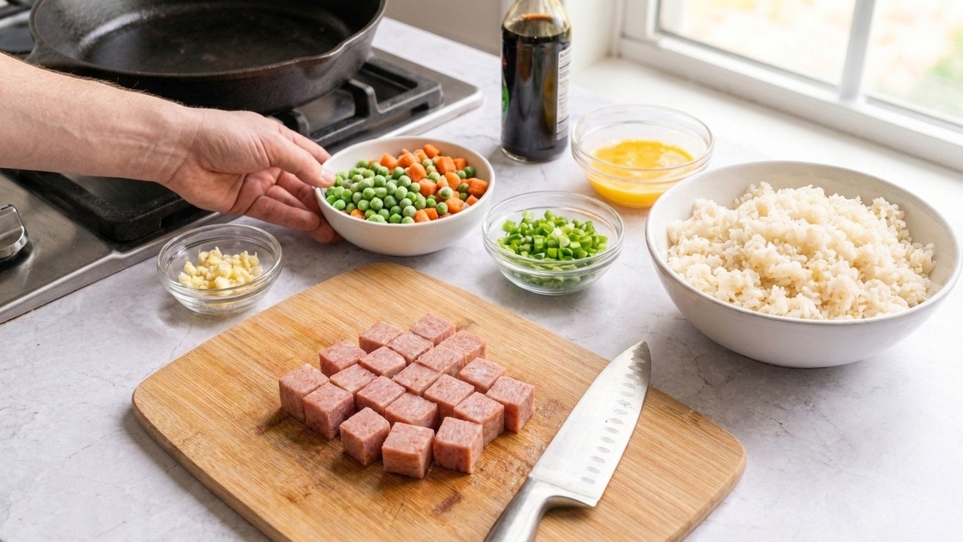 Ingredients for Spam fried rice arranged on a kitchen counter including cubed Spam, cooked rice, soy sauce, eggs, frozen peas and carrots, garlic, and sliced scallions