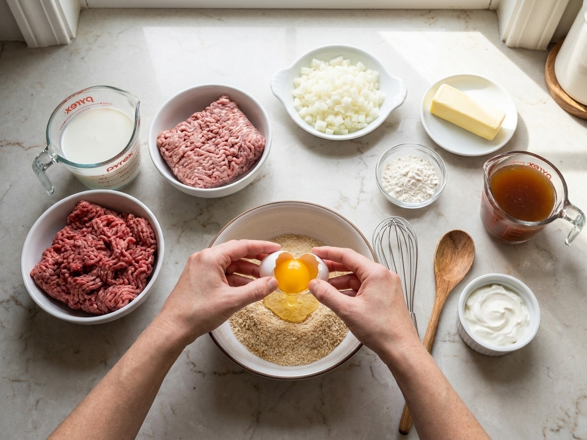 Ingredients for Swedish meatballs arranged on a kitchen counter including ground beef, ground pork, breadcrumbs, milk, onion, egg, butter, flour, beef broth, and sour cream