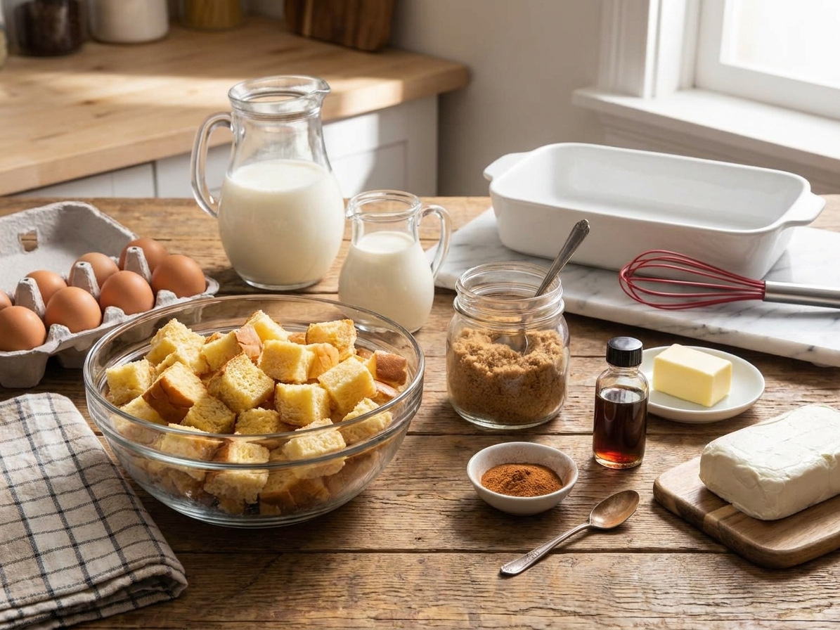 Ingredients for a Christmas breakfast casserole on a kitchen counter: cubed bread, eggs, milk, cream, brown sugar, cinnamon, vanilla, butter, and cream cheese