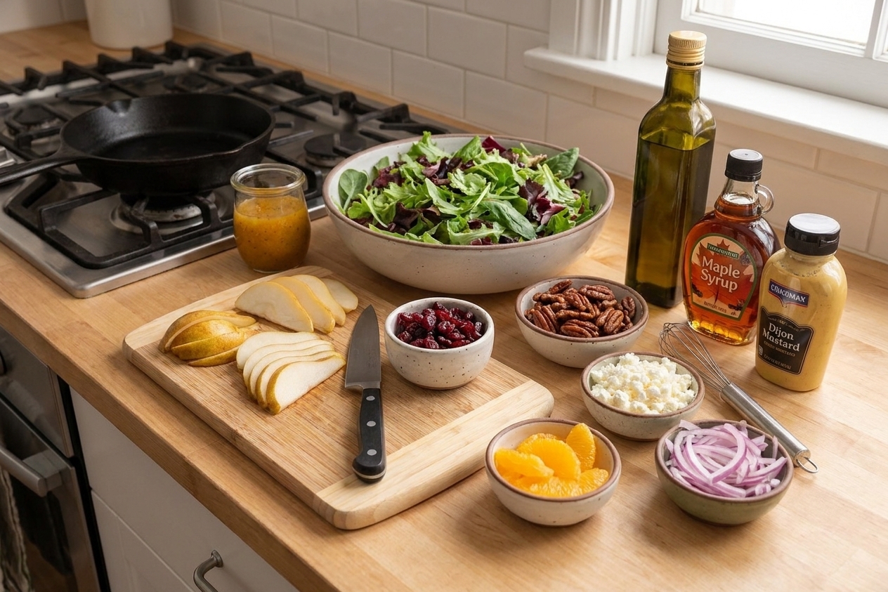Ingredients for a Christmas salad arranged on a clean kitchen counter, including mixed greens, pears, dried cranberries, pecans, feta, oranges, Dijon mustard, olive oil, maple syrup, and a small bowl of sliced red onion
