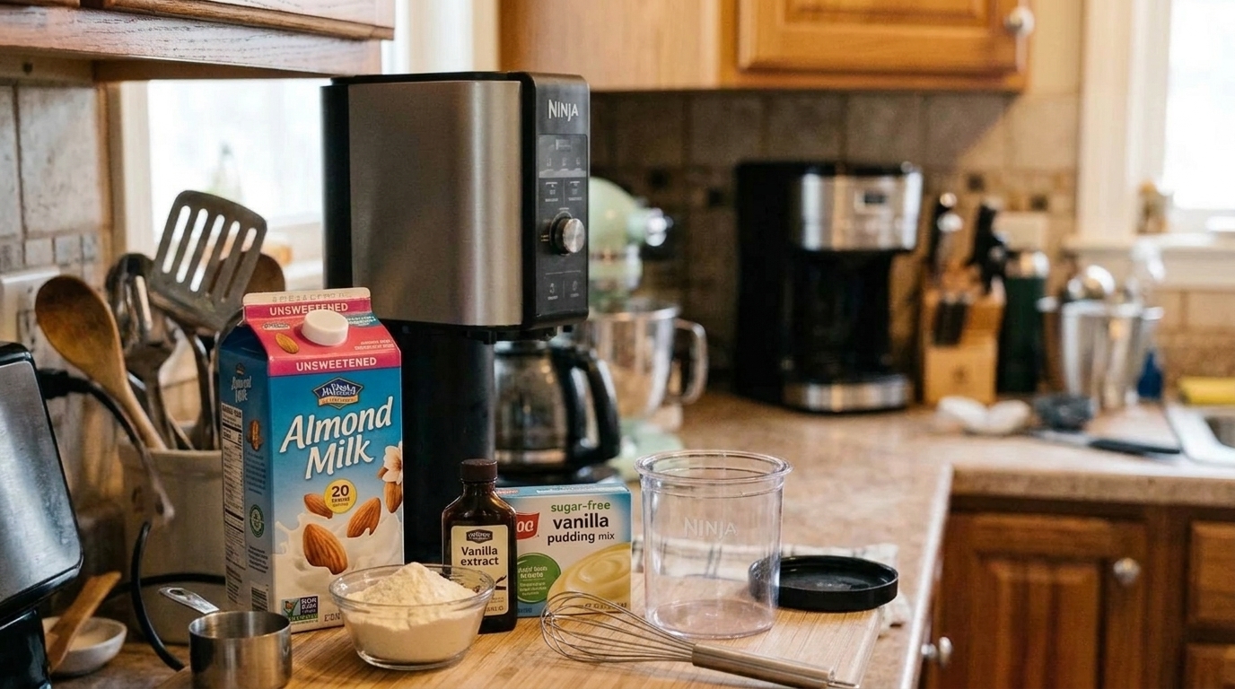 Ingredients for a Creami protein ice cream base arranged on a kitchen counter, including milk, protein powder, vanilla, pudding mix, and a Ninja Creami pint
