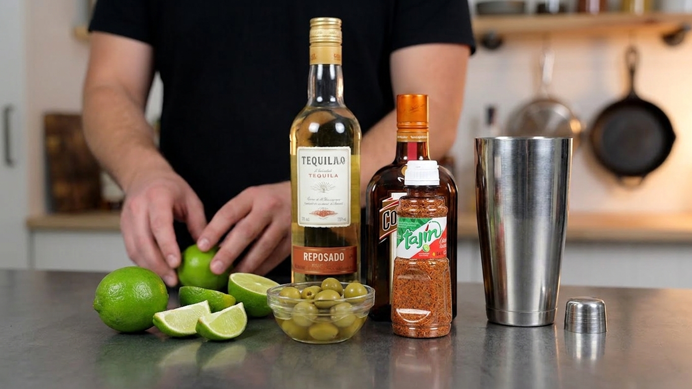 Ingredients for a Mexican martini arranged on a kitchen counter: reposado tequila, orange liqueur, fresh limes, olives, olive brine, Tajín, and a cocktail shaker