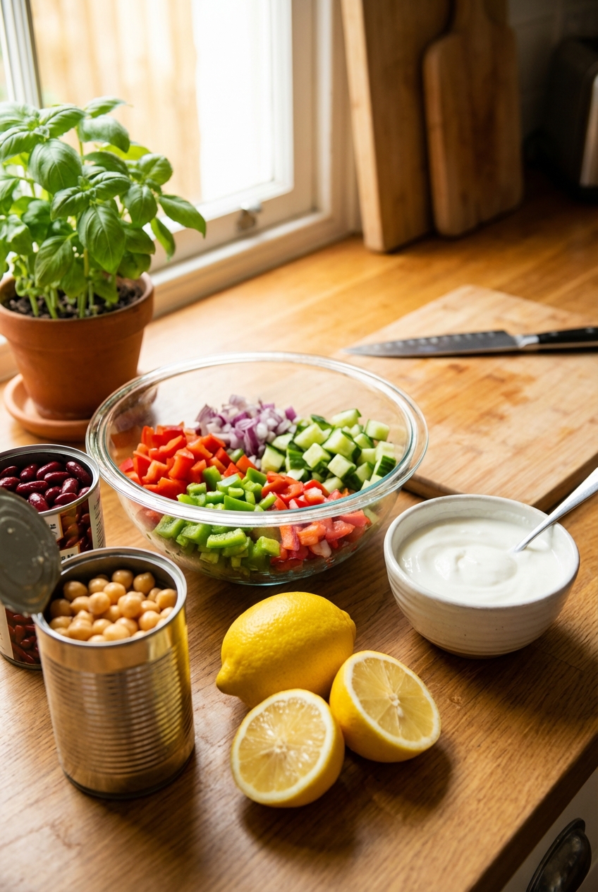 Ingredients for a bean salad on a kitchen counter including canned beans, chopped vegetables, lemon, and a small bowl of yogurt