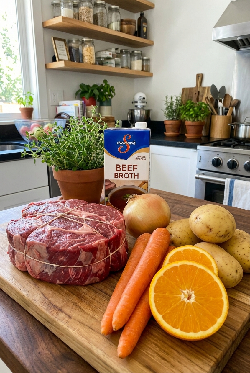 Ingredients for a beef roast including chuck roast, carrots, potatoes, onion, citrus, and broth arranged on a kitchen counter