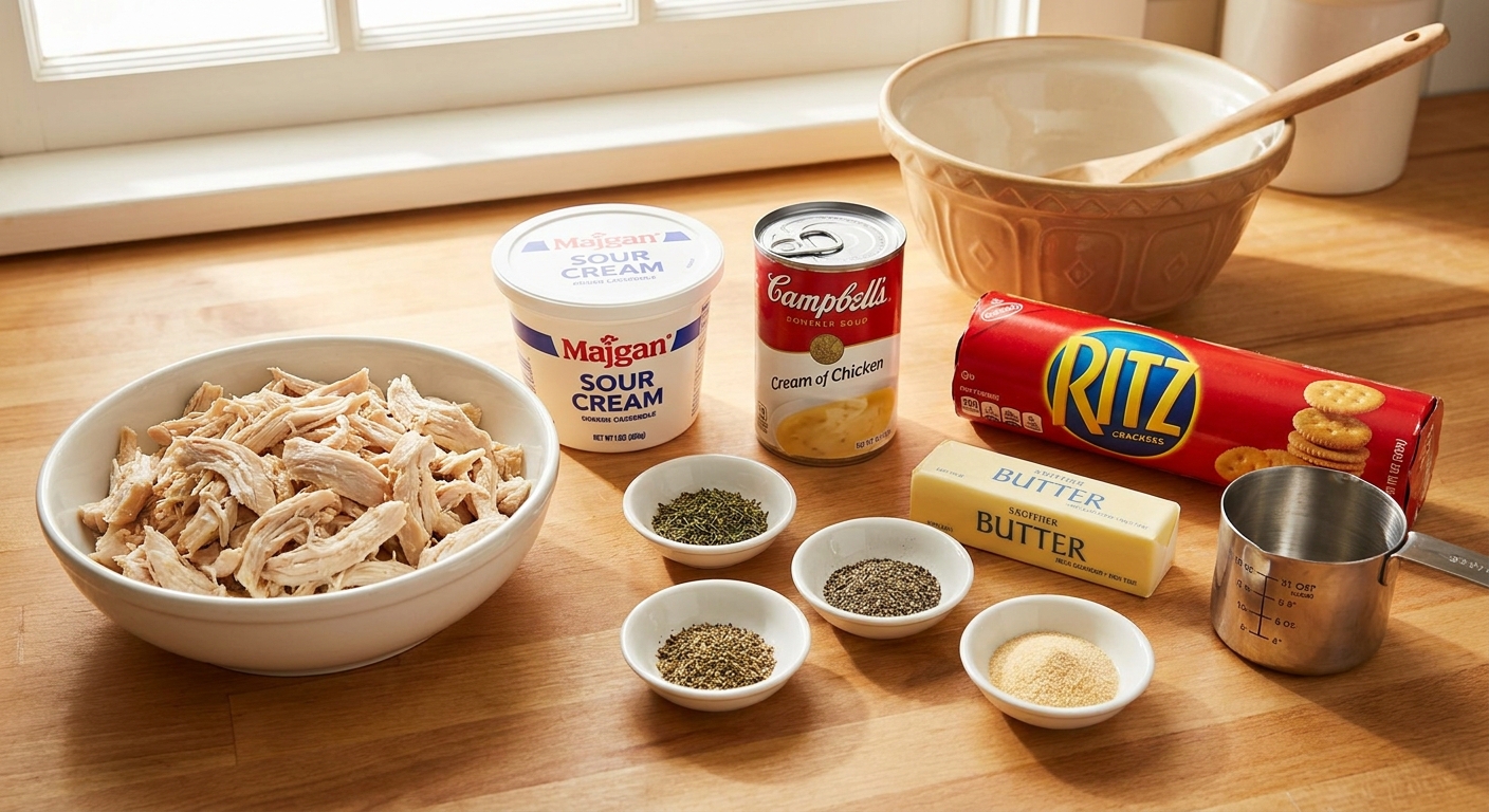 Ingredients for a chicken casserole arranged on a kitchen counter including shredded chicken, sour cream, cream of chicken soup, Ritz crackers, butter, and seasonings