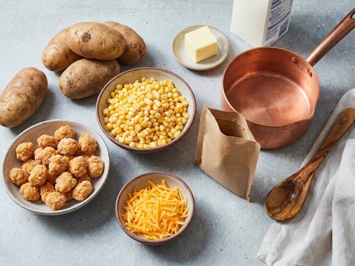 Ingredients for a copycat Famous Bowl arranged on a kitchen counter, including potatoes, frozen corn, chicken nuggets or popcorn chicken, shredded cheddar, butter, milk, and gravy mix