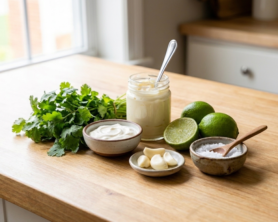 Ingredients for a creamy cilantro lime sauce on a light kitchen counter including cilantro, sour cream, mayonnaise, lime, garlic, and a small bowl of salt