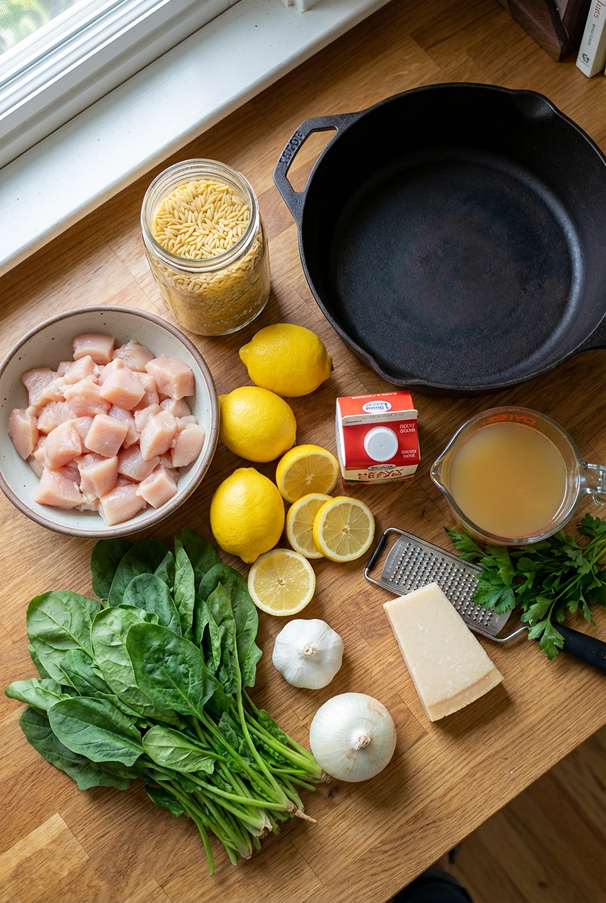 Ingredients for a creamy lemon chicken orzo simmer pot arranged on a kitchen counter