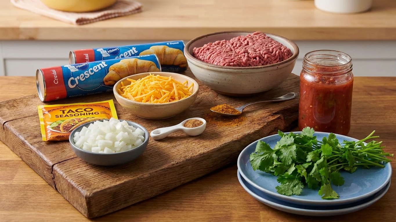 Ingredients for a crescent roll taco ring arranged on a kitchen counter, including crescent roll tubes, ground beef, shredded cheese, onion, taco seasoning, salsa, and cilantro