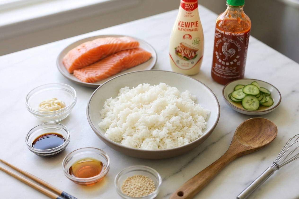 Ingredients for a crispy rice bowl laid out on a kitchen counter including cooked rice, salmon, cucumber, mayonnaise, sriracha, soy sauce, and sesame oil