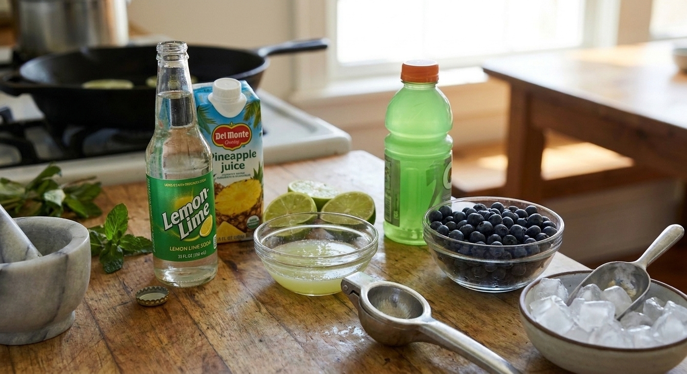 Ingredients for a green punch arranged on a light kitchen counter: lemon lime soda, pineapple juice, lime juice, green sports drink, blueberries, and ice
