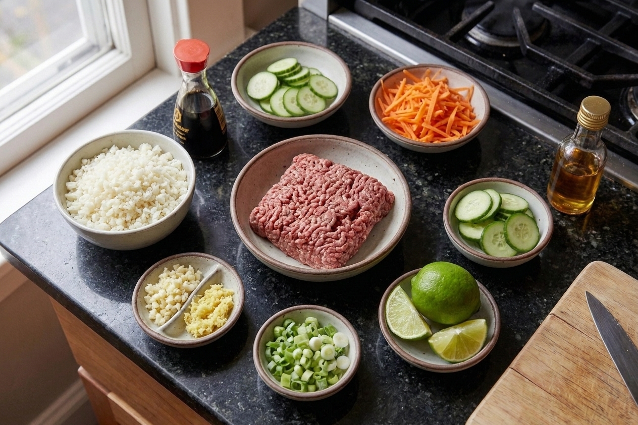 Ingredients for a low carb mince bowl arranged on a kitchen counter including ground beef, cauliflower rice, soy sauce, garlic, ginger, scallions, cucumber, carrots, lime, and sesame oil in small bowls