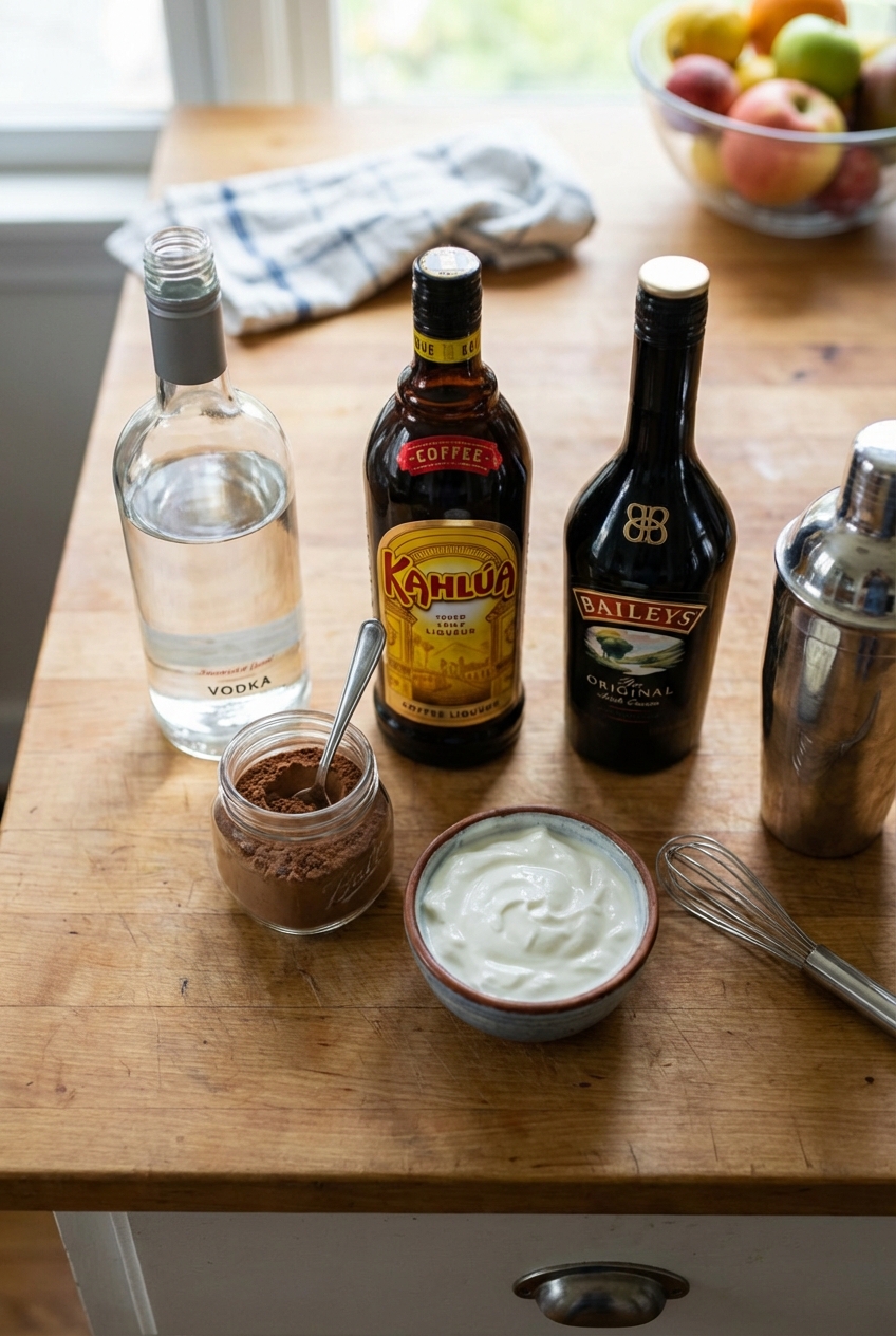 Ingredients for a mudslide on a countertop including vodka, coffee liqueur, Irish cream, cocoa powder, and a small bowl of Greek yogurt