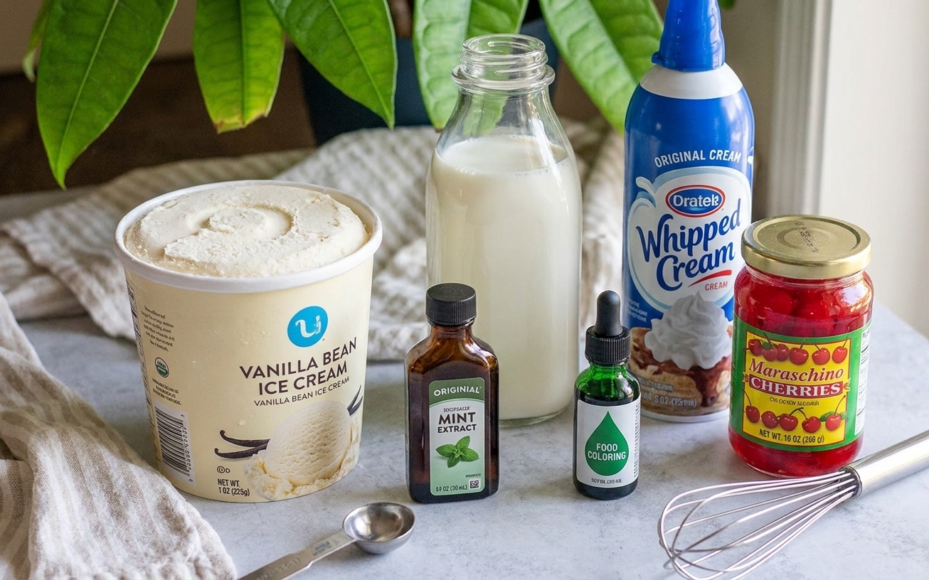 Ingredients for a shamrock shake arranged on a kitchen counter including vanilla ice cream, milk, mint extract, green food coloring, whipped cream, and maraschino cherries