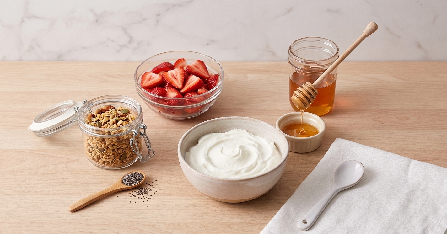 Ingredients for a strawberry yogurt bowl arranged on a kitchen counter: Greek yogurt, sliced strawberries, granola, chia seeds, and honey