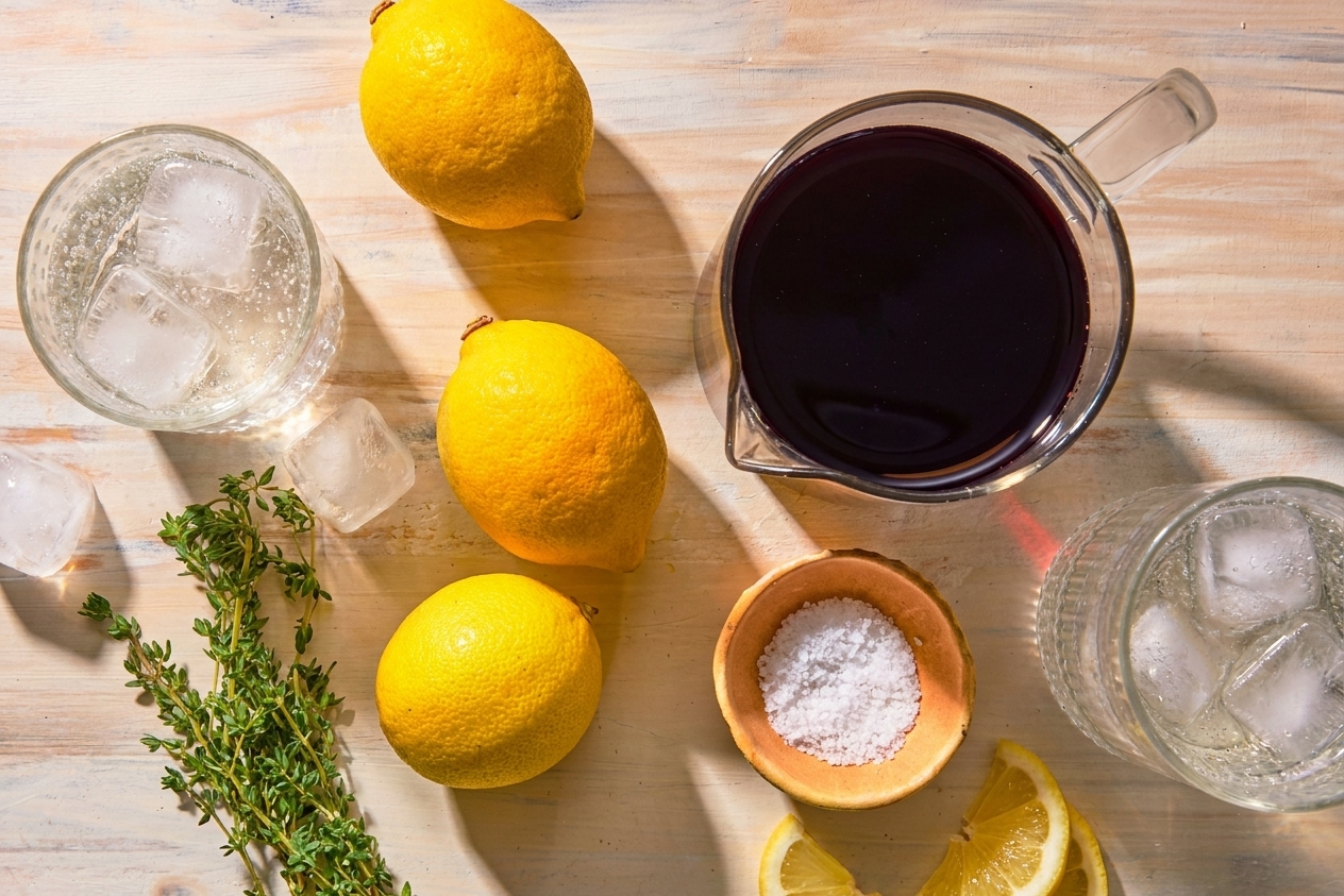 Ingredients for a tart cherry mocktail laid out on a kitchen counter including tart cherry juice, lemons, sparkling water, ice, and a small bowl of flaky salt