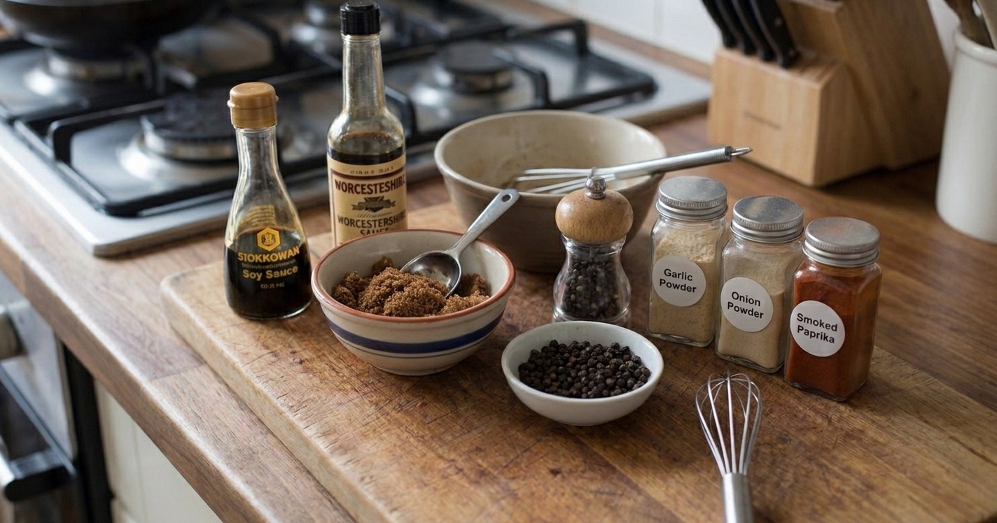 Ingredients for a venison jerky marinade on a kitchen counter, including soy sauce, Worcestershire, brown sugar, black pepper, garlic powder, onion powder, and smoked paprika