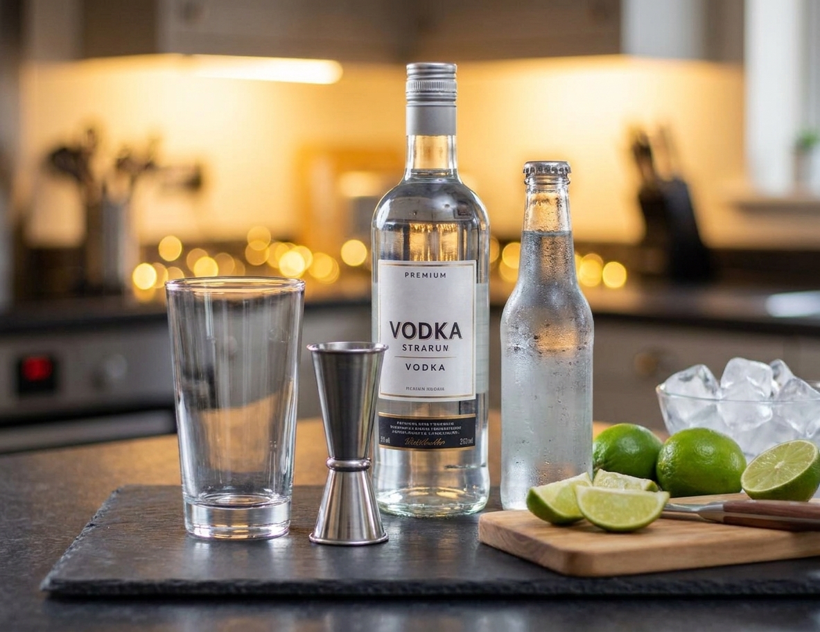 Ingredients for a vodka soda on a kitchen counter: vodka bottle, chilled soda water, limes, a jigger, and a highball glass