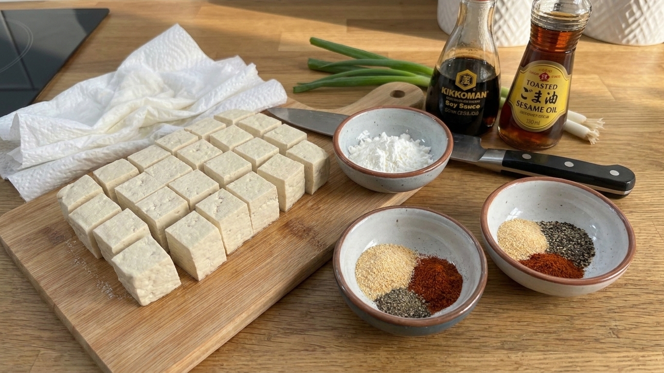 Ingredients for air fryer tofu including tofu, soy sauce, cornstarch, spices, and sesame oil