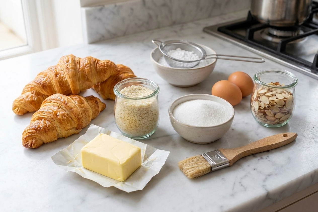 Ingredients for almond croissants including croissants, almond flour, butter, sugar, eggs, sliced almonds, and powdered sugar arranged on a kitchen counter