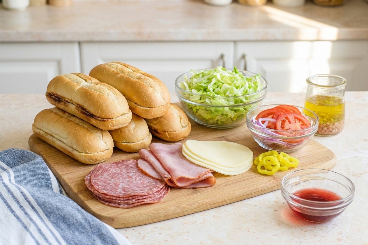 Ingredients for an Italian sub arranged on a kitchen counter including sub rolls, deli meats, provolone, lettuce, tomatoes, onion, banana peppers, and small bowls of oil and vinegar